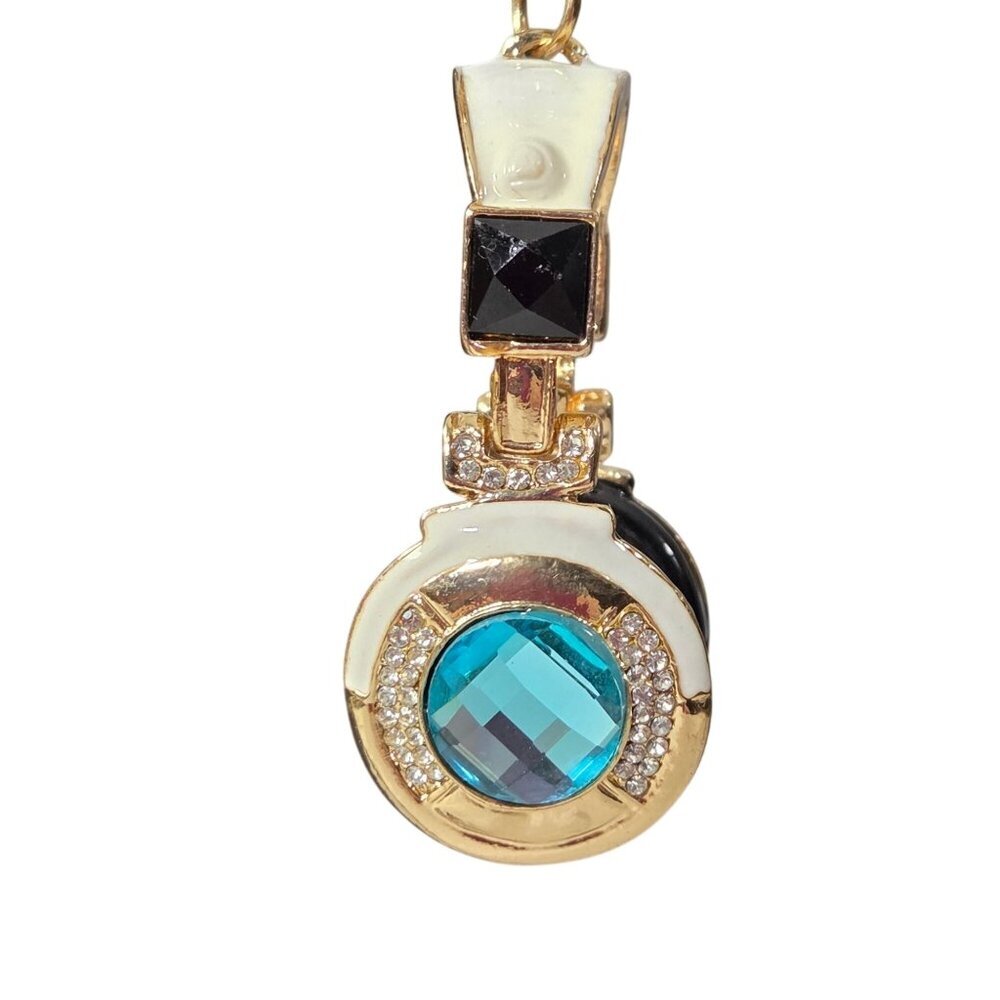 Gold-tone Headphones Purse Charm Keychain with Aqua, Black & Clear Gems - Picture 5 of 5